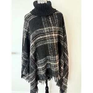 Modena Womens Black White Plaid Turtleneck Poncho Wrap Fringe Hem One Size